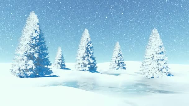 Paysage hivernal simple avec sapins parmi les bancs de neige lors des chutes de neige — Video