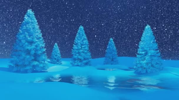 Paysage nocturne hivernal avec sapins et lac gelé aux chutes de neige — Video