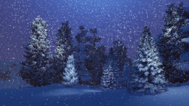 Karlı bir çam ormanı içinde büyülü gece
