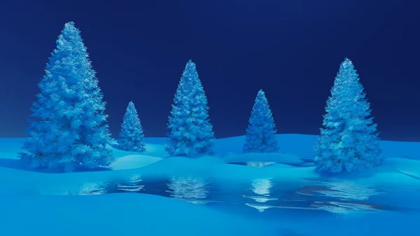 Paisaje nocturno de invierno con abetos y lago congelado —  Fotos de Stock