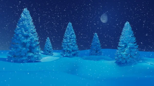 Paisaje nocturno de invierno con abetos y media luna — Foto de Stock