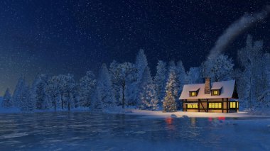 Kırsal ev ve Noel ağacı kar yağdığında