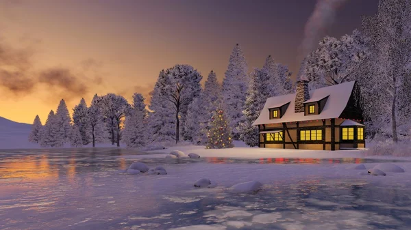 Casa rústica iluminada e árvore de Natal ao pôr do sol — Fotografia de Stock