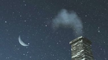 Evin baca ve Noel Baba gece gökyüzünde silüeti
