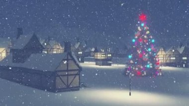 Noel ağacı kar yağışı gece kasaba meydanında