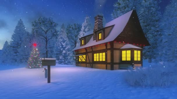 Maison rustique lumineuse et confortable et arbre de Noël lors de la nuit de neige 