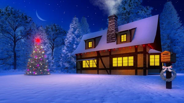 Árbol de Navidad decorado y casa rústica a la luz de la luna noche — Foto de Stock