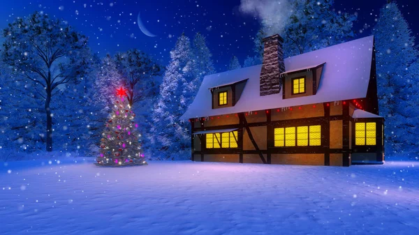 Hangulatos parasztház ad otthont, és az éjszakai havazás díszített karácsonyfa — Stock Fotó
