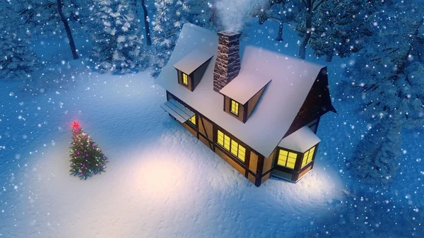 Casa rústica e árvore de natal decorada na neve vista superior da noite — Fotografia de Stock