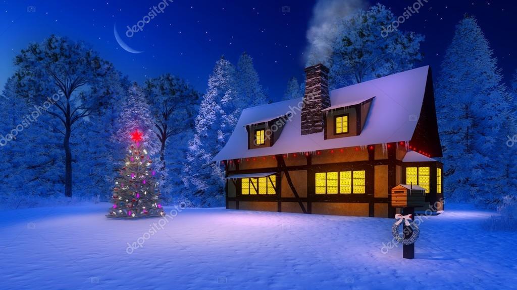 Verlichte kerstboom en rustiek huis maanlicht \'s nachts — Stockfoto ... Verlichte kerstboom en rustiek huis maanlicht \'s nachts — Stockfoto ...