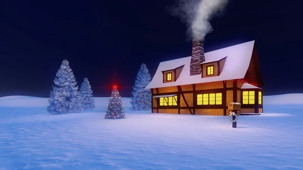 Casa rústica y árbol de Navidad decorado por la noche — Foto de Stock