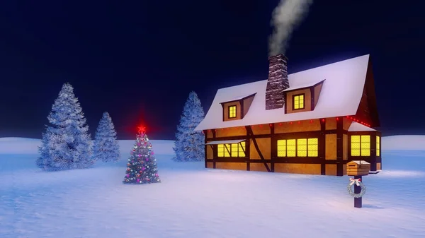 Decorado árvore de Natal e casa no fundo azul escuro — Fotografia de Stock