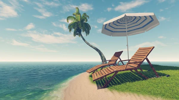 Dek stoelen, parasol en palm tree op lege tropisch strand — Stockfoto