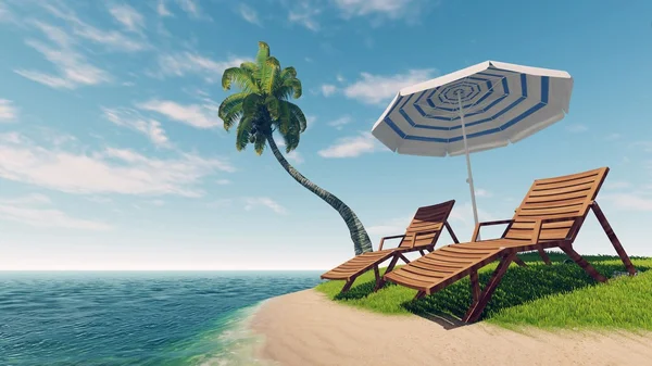Sunbeds, parasol and palm tree on empty tropical beach — Stock Photo, Image
