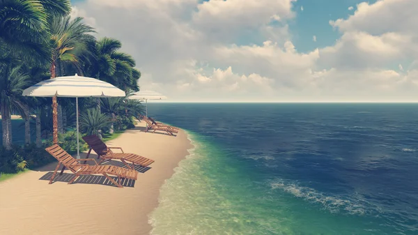 Палубні стільці та парасольки на тропічному пляжі — стокове фото