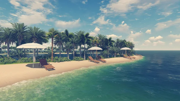 Deck chairs and parasols on empty tropical beach — Stock Photo, Image