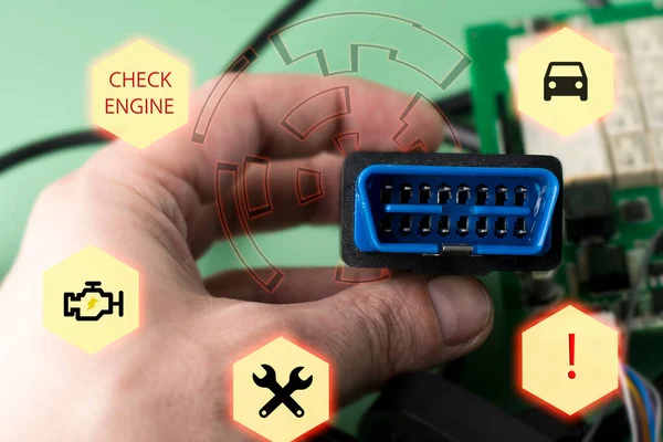 Car Service Manager with car diagnostic error scanner OBD2 plug. Tablet Computer machine tool. Computer car engine device equipment, diagnostic interface. Service, repair, maintenance car concept