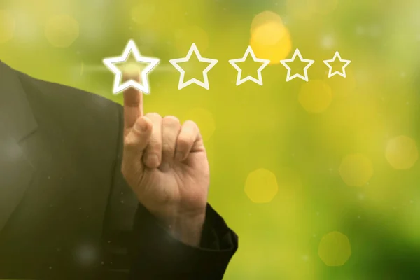 Empresario Mano Tocando Cinco Estrellas Excelente Calificación Dejar Comentarios Símbolo — Foto de Stock