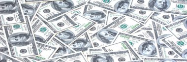 100 dolarlık panoramik banknot. Yüz Amerikan Doları banknotları düz fon. Amerikan Doları Nakit Para. Asgari para kavramı