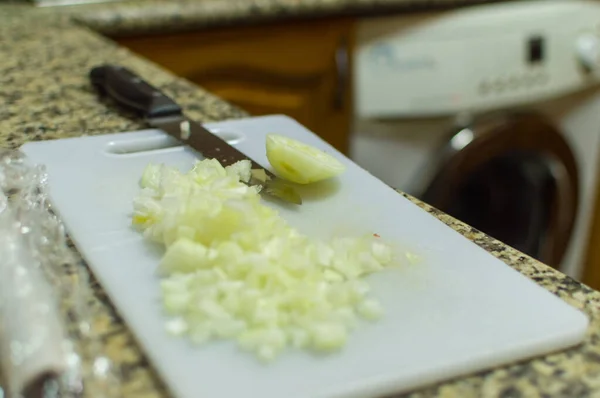 Knife Cutting Board Cutting Onion White Woman Hands — Stock Photo, Image