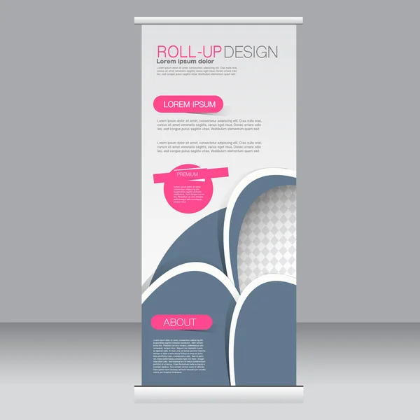 Roll up banner stand modello. Sfondo astratto per design, business, istruzione, pubblicità. Colore rosa e grigio. Illustrazione vettoriale . — Vettoriale Stock