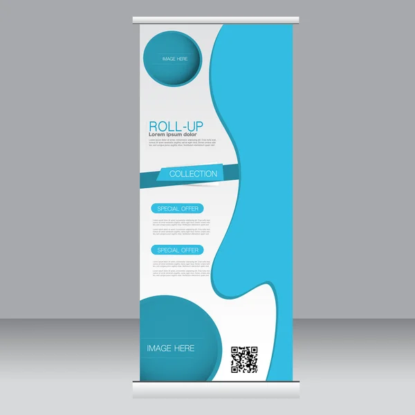 Roll up banner stand modello. Sfondo astratto per design, business, istruzione, pubblicità. Colore blu. Illustrazione vettoriale . — Vettoriale Stock