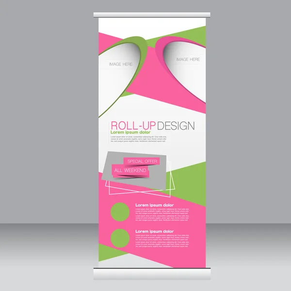 Roll-up Banner Stand Vorlage. abstrakter Hintergrund für Design, Wirtschaft, Bildung, Werbung. grüne und rosa Farbe. Vektorillustration. — Stockvektor