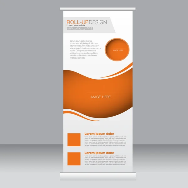 Rulla upp banner stand mall. Abstrakt bakgrund för design, business, utbildning, annons. Orange färg. Vektor illustration. — Stock vektor