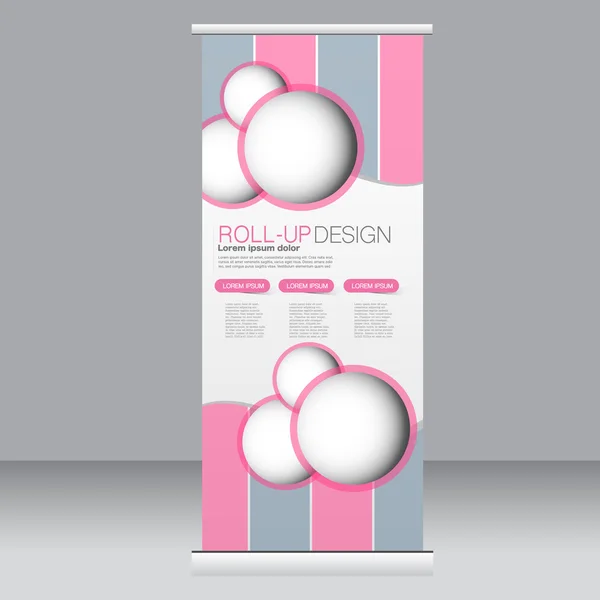 Roll-up Banner Stand Vorlage. abstrakter Hintergrund für Design, Wirtschaft, Bildung, Werbung. rosa und grau. Vektorillustration. — Stockvektor