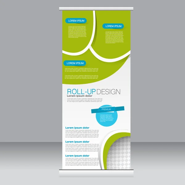 Roll-up Banner Stand Vorlage. abstrakter Hintergrund für Design, Wirtschaft, Bildung, Werbung. blaue und grüne Farbe. Vektorillustration. — Stockvektor