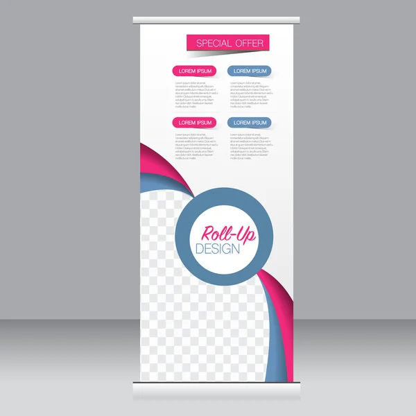 Roll up banner stand modello. Sfondo astratto per design, business, istruzione, pubblicità. Colore rosa e blu. Illustrazione vettoriale . — Vettoriale Stock