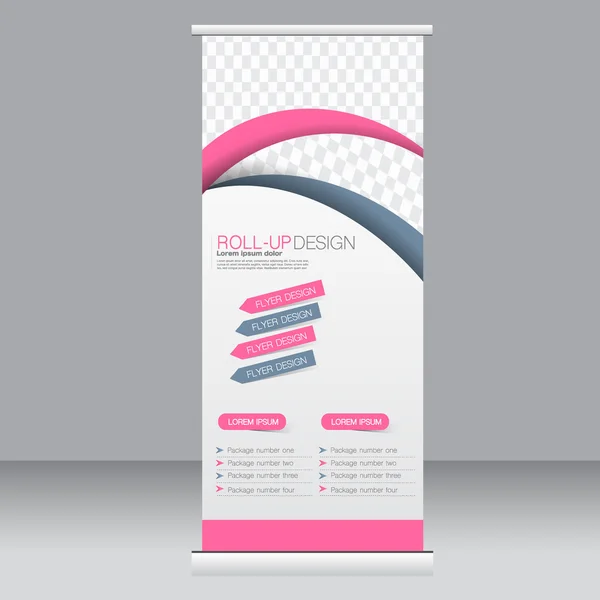 Roll-up Banner Stand Vorlage. abstrakter Hintergrund für Design, Wirtschaft, Bildung, Werbung. rosa und grau. Vektorillustration. — Stockvektor