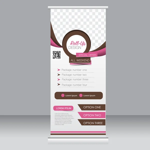 Roll up banner stand modello. Sfondo astratto per design, business, istruzione, pubblicità. Colore rosa e marrone. Illustrazione vettoriale . — Vettoriale Stock