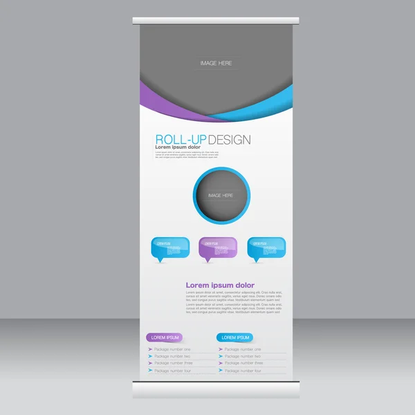 Roll-up Banner Stand Vorlage. abstrakter Hintergrund für Design, Wirtschaft, Bildung, Werbung. blaue und violette Farbe. Vektorillustration. — Stockvektor