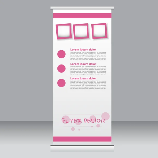 Rulla upp banner stand mall. Abstrakt bakgrund för design, business, utbildning, annons. Rosa färg. Vektor illustration. — Stock vektor