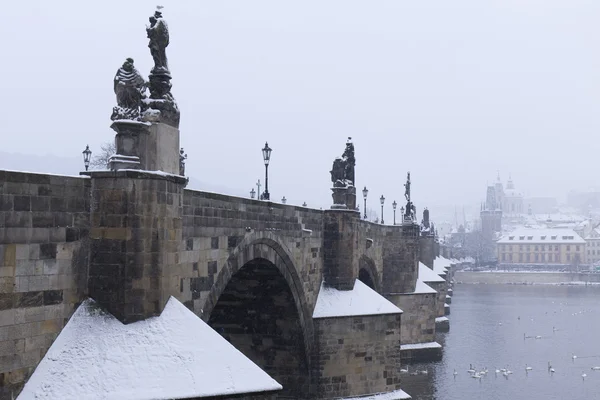 Снежный туманный Карлов мост с его барочными скульптурами, Чехия — стоковое фото