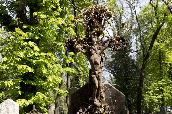 Иисус Христос на весеннем таинственном старинном кладбище в Чехии — стоковое фото