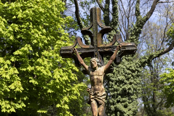 Historic Jesus on the spring mystery old Prague Cemetery, Czech Republic — Stock Photo, Image