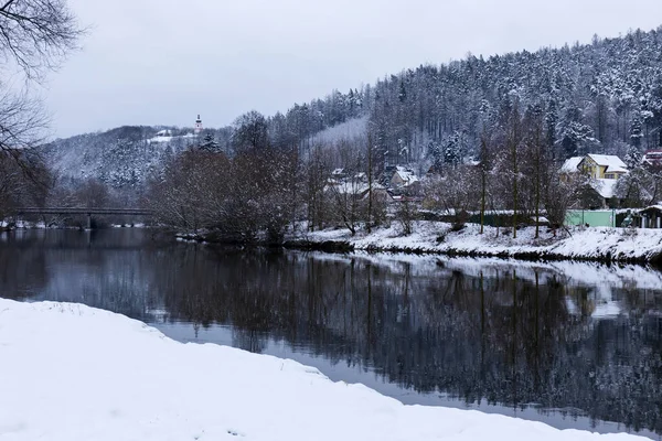 Snowy Krajobraz Środkowych Czechach Wokół Rzeki Sazava Czechy — Zdjęcie stockowe