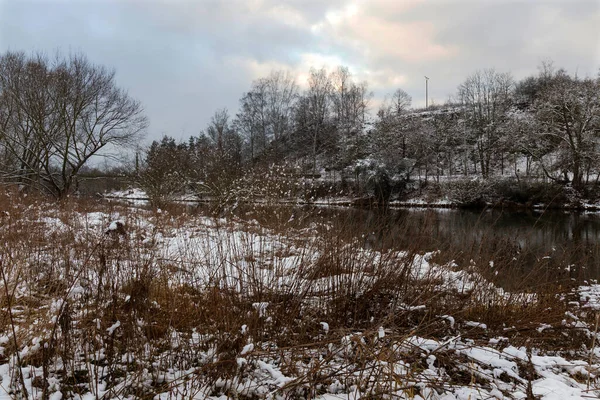 Snowy Landschap Het Centrum Van Bohemen Met Rivier Sazava Tsjechië — Stockfoto