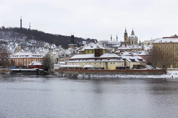 Snowy Prague Lesser Town Prague Castle River Vltava Czech Republic — Stock Photo, Image