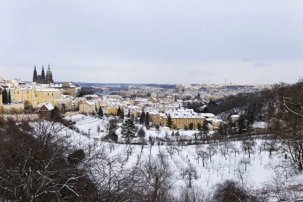 Natale Nevoso Praga Città Con Castello Gotico Dalla Collina Petrin — Foto Stock