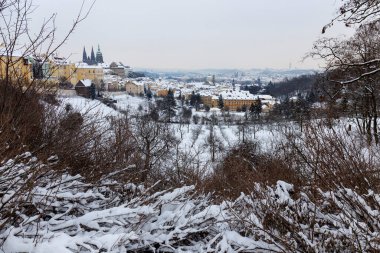Çek Cumhuriyeti 'nin Petrin Tepesi' nden Gotik Kalesi olan Karlı Prag Şehri