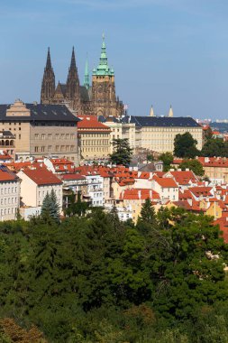 Gotik Şatosu ve Çek Cumhuriyeti 'nin Petrin Tepesi' nden Ağaçlı Renkli Doğası ile Sonbahar Prag Şehri