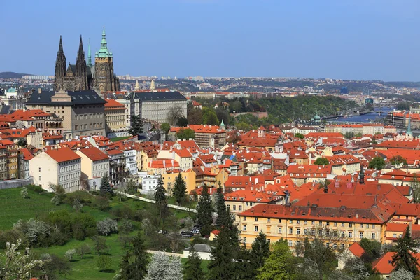Blick auf das frühlingshafte Prag mit gotischer Burg, grüner Natur und blühenden Bäumen, Tschechische Republik — Stockfoto
