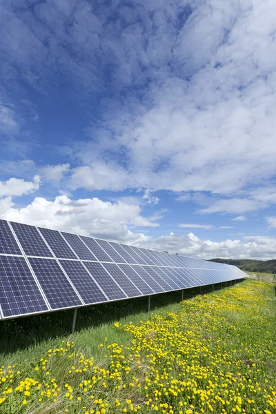 Solar Power Station on the spring flowering Meadow — Stock Photo, Image