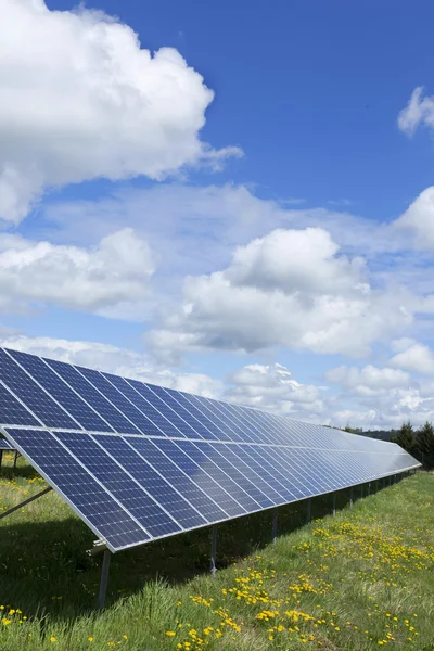 Bahar çiçekli çayırdaki güneş enerjisi santrali
