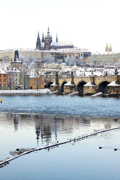 Château gothique enneigé de Prague avec pont Charles, République tchèque — Photo