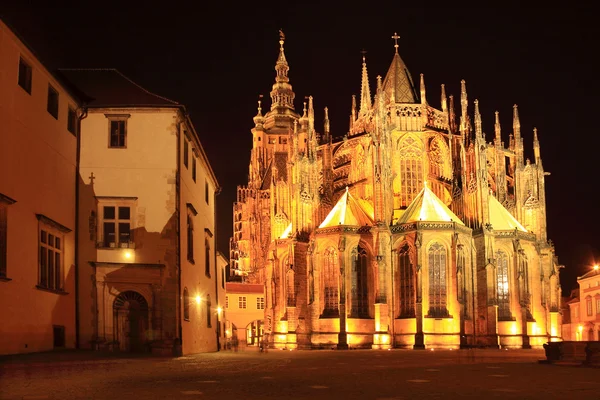 Colorida catedral gótica de San Vito en el Castillo de Praga en la noche, República Checa — Foto de Stock