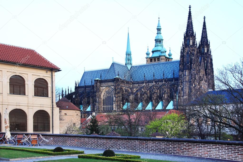 Colorful gothic St. Vitus' Cathedral on Prague Castle at the Evening, Czech Republic